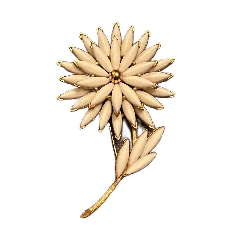 Trifari Vintage Milk Glass Gold Floral Brooch